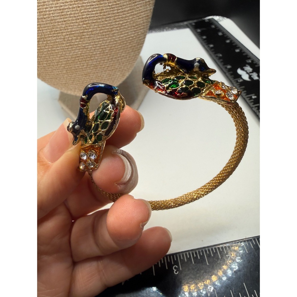 Vintage Gold Mesh Peacock Cuff Bracelet Enamel Rhinestone Bypass Bangle Jewelry